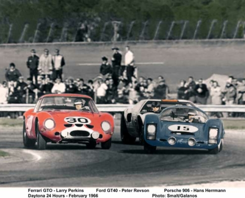 Battle between Larry Perkins and Hans Herrmann in Porsche 906 and Peter Revson in GT-40